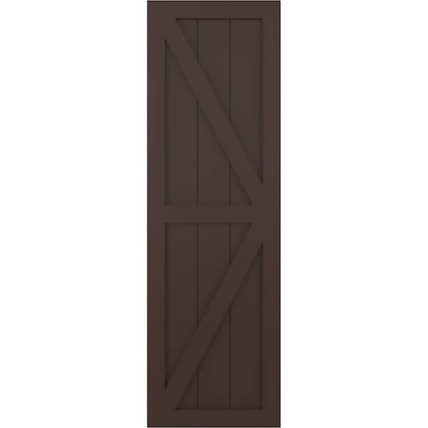 Ekena Millwork True Fit PVC Two Equal Panel Farmhouse Fixed Mount Shutters w/ Z-Bar, Raisin Brown , 15W x 51H, PR - TFP102FH15X051TB