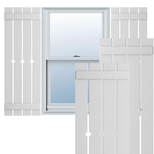 Ekena Millwork True Fit PVC, Four Board Spaced Board-n-Batten Shutters w/Diamond Cutout, Unfinished, 23W x 99H, PR - TFP101SD23X099UN