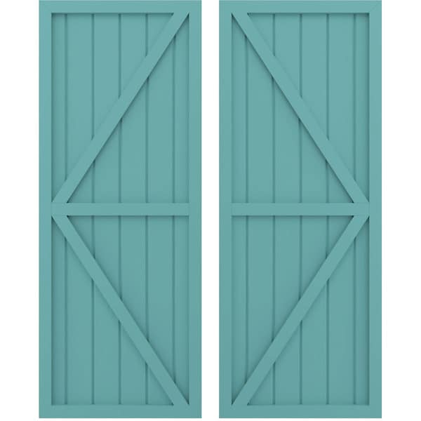 Ekena Millwork Americraft 6-Board Wood 2 Equal Panel Frmd Board-n-Batten Shutters w/Dubl Z-Bar, ARW102BF621X50PTH, PR - ARW102BF621X50PTH