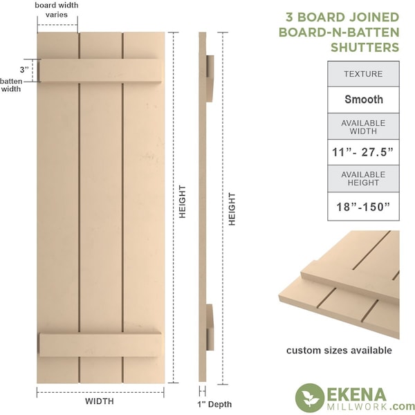 Ekena Millwork Rustic Three Board Joined Board-n-Batten Smooth Faux Wood Shutters, 16 1/2W x 72H, PR - SHUBJS16X72SMPR