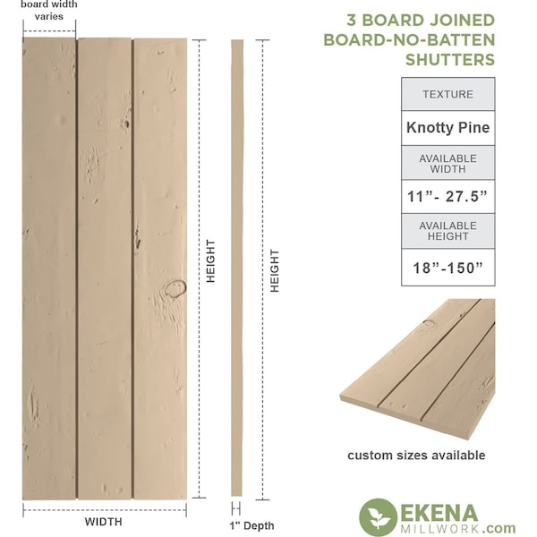 Ekena Millwork Rustic Three Board Joined Board-n-Batten Knotty Pine Faux Wood Shutters w/No Batten, 16 1/2"W x 80"H - SHUBJN16X80KPPR