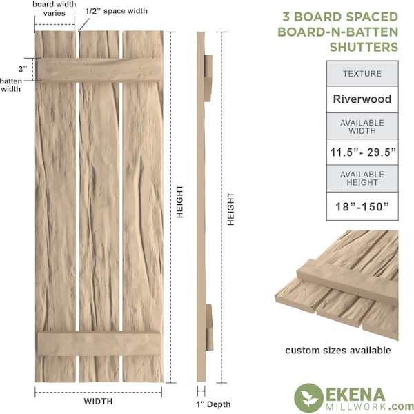Ekena Millwork Rustic Three Board Spaced Board-n-Batten Riverwood Faux Wood Shutters, 17 1/2W x 80H, PR - SHUBSS17X80RWPR