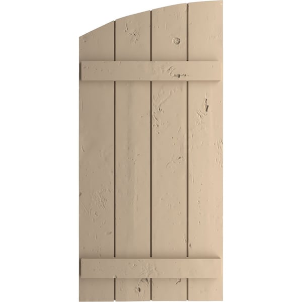 Ekena Millwork Knotty Pine 4 Board Joined Board-n-Batten w/Elliptical Top Faux Wood Shutters, 22W x 32H, PR - SHUBJL22X32KPPR