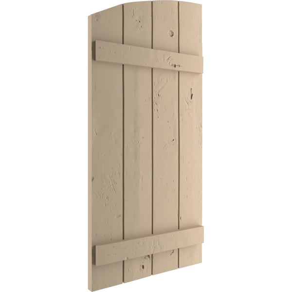 Ekena Millwork Knotty Pine 4 Board Joined Board-n-Batten w/Elliptical Top Faux Wood Shutters, 22W x 32H, PR - SHUBJL22X32KPPR