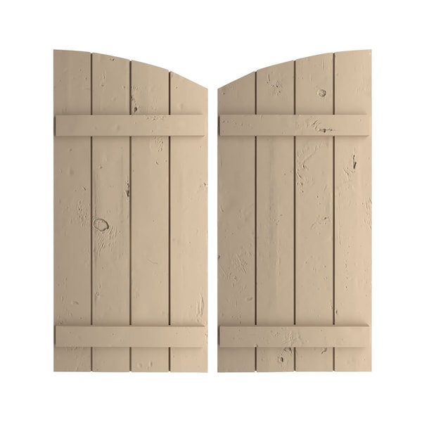 Ekena Millwork Knotty Pine 4 Board Joined Board-n-Batten w/Elliptical Top Faux Wood Shutters, 22W x 32H, PR - SHUBJL22X32KPPR