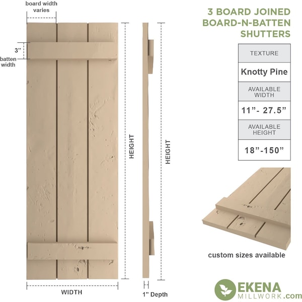 Ekena Millwork Rustic Three Board Joined Board-n-Batten Knotty Pine Faux Wood Shutters, 16 1/2W x 34H, PR - SHUBJS16X34KPPR