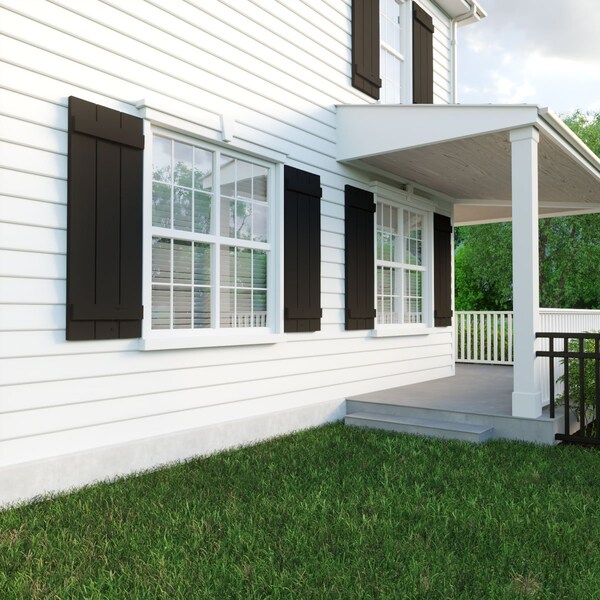 Ekena Millwork Rustic Three Board Joined Board-n-Batten Knotty Pine Faux Wood Shutters, 16 1/2W x 34H, PR - SHUBJS16X34KPPR