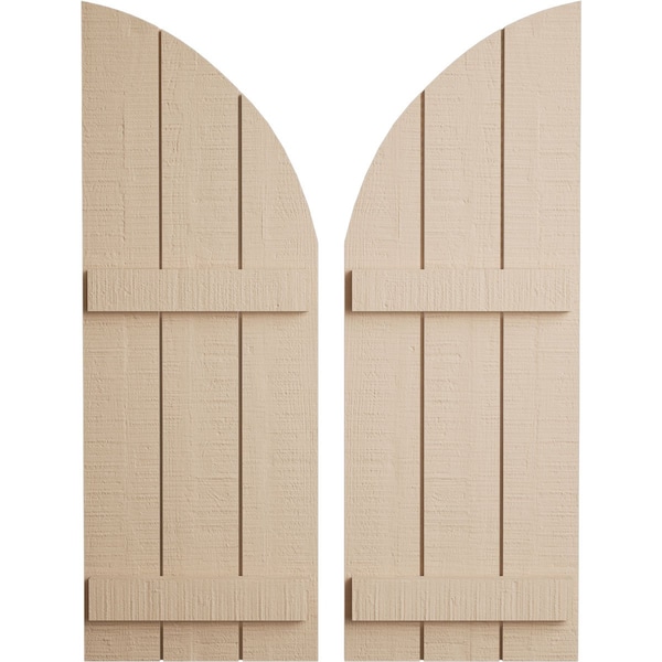 Ekena Millwork Rough Cedar 3 Board Joined Board-n-Batten w/Quarter Round Arch Top Faux Wood Shutters, 16.5"W x 38"H - SHUBJQ16X38RCPR