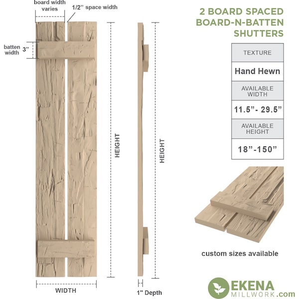 Ekena Millwork Rustic Two Board Spaced Board-n-Batten Hand Hewn Faux Wood Shutters, 11 1/2W x 84H, PR - SHUBSS11X84HHPR