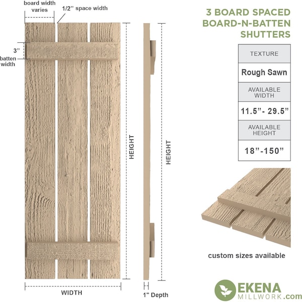 Ekena Millwork Rustic Three Board Spaced Board-n-Batten Rough Sawn Faux Wood Shutters, 17 1/2W x 76H, PR - SHUBSS17X76RSPR