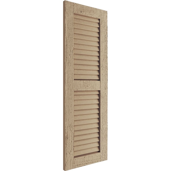 Ekena Millwork Rustic Two Equal Louver Rough Sawn Faux Wood Shutters (Per Pair), Primed Tan, 15"W x 60"H - SHULV15X60RSPR