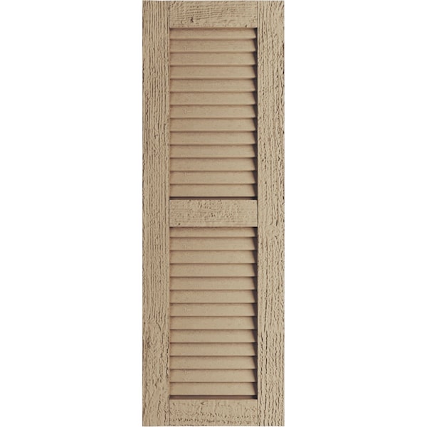 Ekena Millwork Rustic Two Equal Louver Rough Sawn Faux Wood Shutters (Per Pair), Primed Tan, 15"W x 60"H - SHULV15X60RSPR