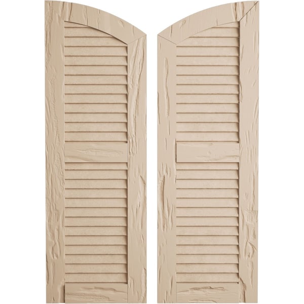 Ekena Millwork Pecky Cypress 2 Equal Louver w/Elliptical Top Faux Wood Shutters, 12"W x 80"H (76" Low Side) - SHULVL12X80PCPR