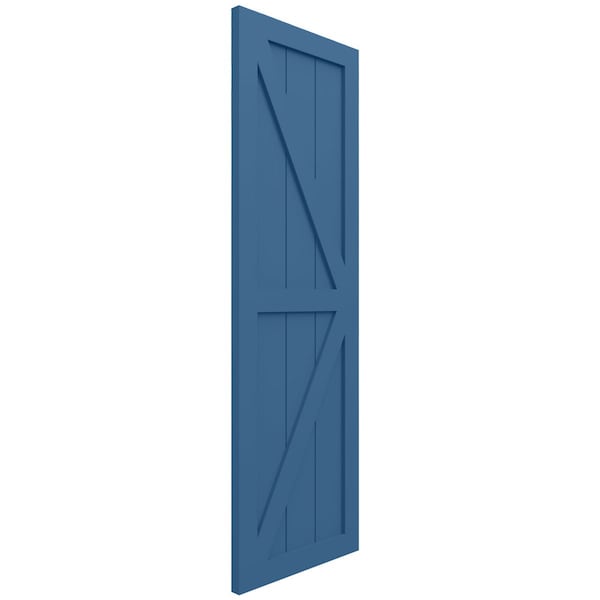 Ekena Millwork True Fit PVC Two Equal Panel Farmhouse Fixed Mount Shutters w/ Z-Bar, Sojourn Blue , 12W x 41H, PR - TFP102FH12X041HB