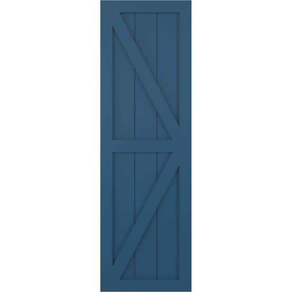 Ekena Millwork True Fit PVC Two Equal Panel Farmhouse Fixed Mount Shutters w/ Z-Bar, Sojourn Blue , 12W x 41H, PR - TFP102FH12X041HB