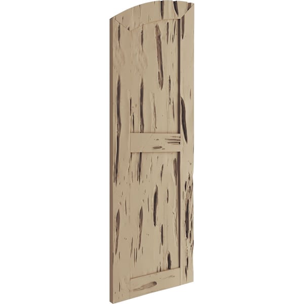 Ekena Millwork Pecky Cypress 2 Equal Flat Panel w/Elliptical Top Faux Wood Shutters, 12"W x 30"H (26" Low Side) - SHUFPL12X30PCPR