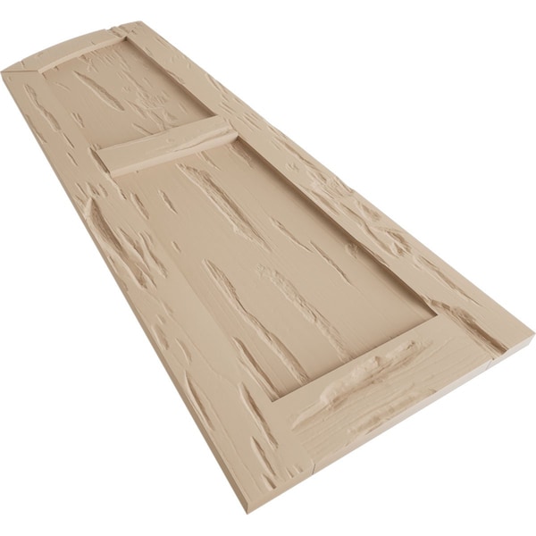Ekena Millwork Pecky Cypress 2 Equal Flat Panel w/Elliptical Top Faux Wood Shutters, 12"W x 30"H (26" Low Side) - SHUFPL12X30PCPR