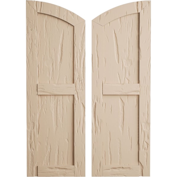 Ekena Millwork Pecky Cypress 2 Equal Flat Panel w/Elliptical Top Faux Wood Shutters, 12"W x 30"H (26" Low Side) - SHUFPL12X30PCPR