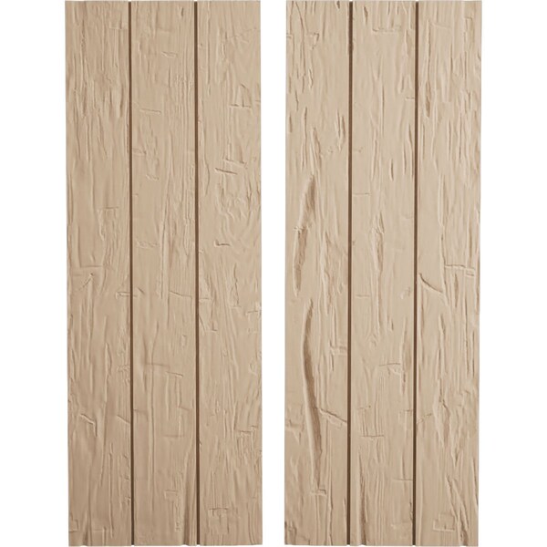 Ekena Millwork Rustic Three Board Joined Board-n-Batten Hand Hewn Faux Wood Shutters w/No Batten, 16 1/2W x 60H, PR - SHUBJN16X60HHPR