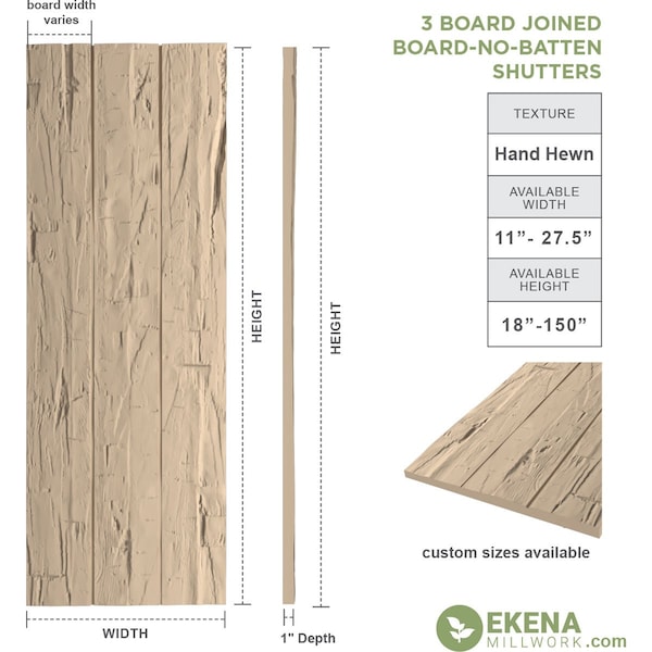 Ekena Millwork Rustic Three Board Joined Board-n-Batten Hand Hewn Faux Wood Shutters w/No Batten, 16 1/2W x 60H, PR - SHUBJN16X60HHPR