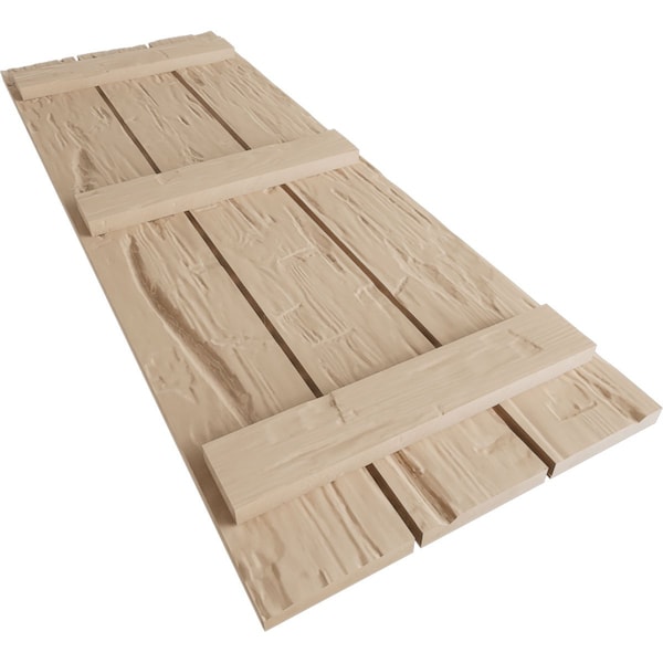 Ekena Millwork Rustic Three Board Spaced Board-n-Batten Hand Hewn Faux Wood Shutters, 17 1/2W x 68H, PR - SHUBSS17X68HHPR