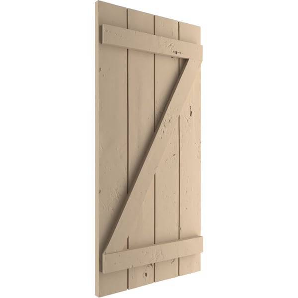 Ekena Millwork Rustic Four Board Joined Board-n-Batten Knotty Pine Faux Wood Shutters w/Z-Board, 22W x 66H, PR - SHUBJZ22X66KPPR