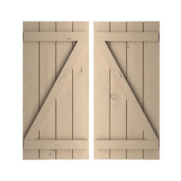 Ekena Millwork Rustic Four Board Joined Board-n-Batten Knotty Pine Faux Wood Shutters w/Z-Board, 22W x 66H, PR - SHUBJZ22X66KPPR
