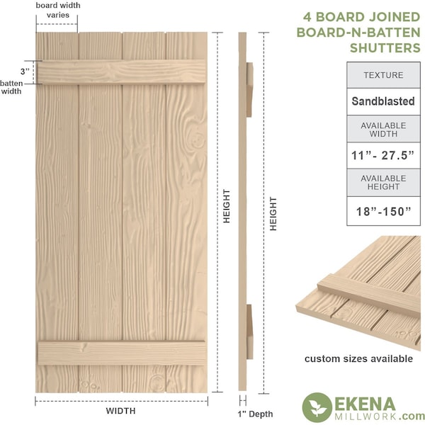 Ekena Millwork Rustic Four Board Joined Board-n-Batten Sandblasted Faux Wood Shutters, 22W x 58H, PR - SHUBJS22X58SDPR