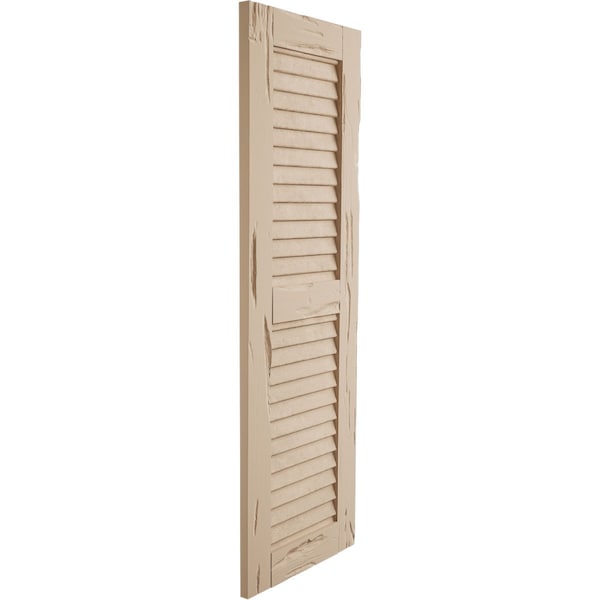 Ekena Millwork Rustic Two Equal Louver Pecky Cypress Faux Wood Shutters (Per Pair), Primed Tan, 12"W x 66"H - SHULV12X66PCPR