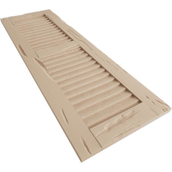 Ekena Millwork Rustic Two Equal Louver Pecky Cypress Faux Wood Shutters (Per Pair), Primed Tan, 12"W x 66"H - SHULV12X66PCPR