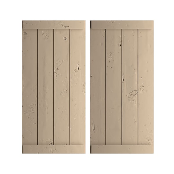 Ekena Millwork Rustic Four Board Joined Board-n-Batten Knotty Pine Faux Wood Shutters w/End Batten, 22W x 72H, PR - SHUBJE22X72KPPR