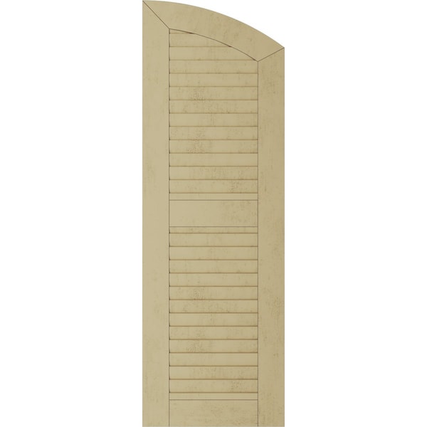 Ekena Millwork Pecky Cypress 2 Equal Louver w/Elliptical Top Faux Wood Shutters, 15"W x 34"H (29" Low Side) - SHULVL15X34PCPR