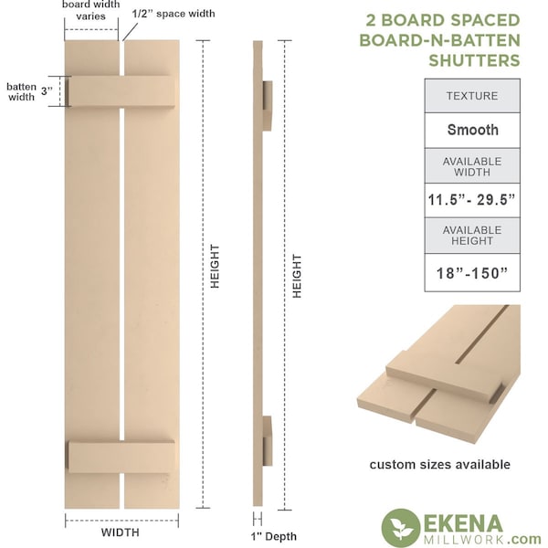 Ekena Millwork Rustic Two Board Spaced Board-n-Batten Smooth Faux Wood Shutters, 11 1/2W x 58H, PR - SHUBSS11X58SMPR