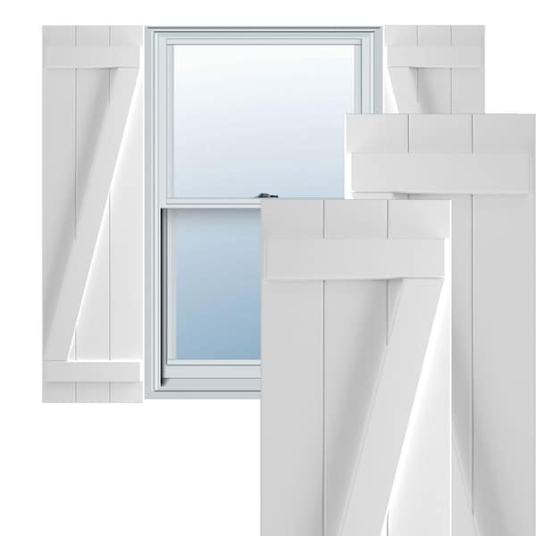 Ekena Millwork True Fit PVC Three Board Joined Board-n-Batten Shutters w/Z-Bar, Unfinished , 16 1/8W x 26H, PR - TFP102BBF16X026UN
