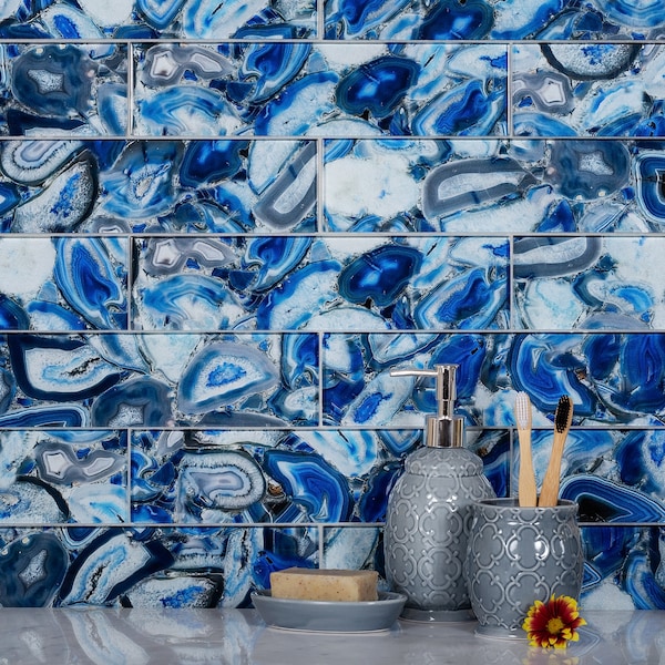 Apollo Tile Sample of 3X12 Blue Agate Subway 5Sq.Ft Glass Tile - AG-02BL SAMPLE