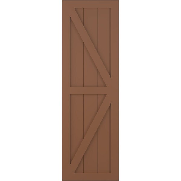 Ekena Millwork True Fit PVC Two Equal Panel Farmhouse Fixed Mount Shutters w/ Z-Bar, Burnt Toffee , 18W x 62H, PR - TFP102FH18X062BT