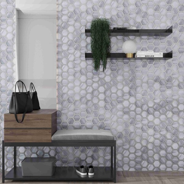 Apollo Tile 9x10 in. Matte Soft Silver Gray Glass Mosaic Hexagon Wall and Floor Tile 3.28 sq ft/case, 5PK - APLSTR8805A
