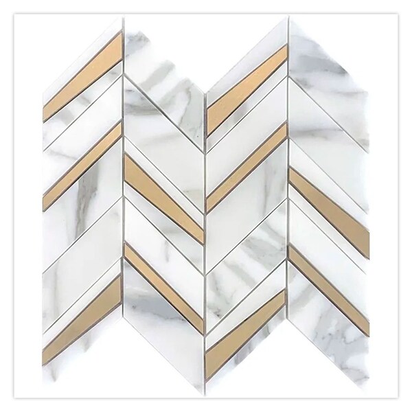 Apollo Tile 12x12 in. Polished White Gray with Gold Marble, Brass Mosaic Chevron Wall Tile 5 sq ft/case, 5PK - APLTSC88CV11A