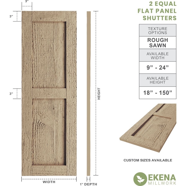Ekena Millwork Rustic Two Equal Panel Flat Panel Rough Sawn Faux Wood Shutters (Per Pair), Primed Tan, 15"W x 60"H - SHUFP15X60RSPR