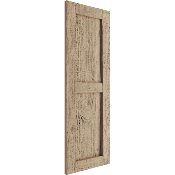 Ekena Millwork Rustic Two Equal Panel Flat Panel Rough Sawn Faux Wood Shutters (Per Pair), Primed Tan, 15"W x 60"H - SHUFP15X60RSPR