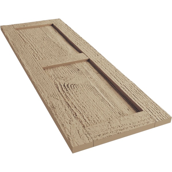 Ekena Millwork Rustic Two Equal Panel Flat Panel Rough Sawn Faux Wood Shutters (Per Pair), Primed Tan, 15"W x 60"H - SHUFP15X60RSPR