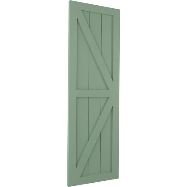 Ekena Millwork True Fit PVC Two Equal Panel Farmhouse Fixed Mount Shutters w/ Z-Bar, Track Green , 15W x 73H, PR - TFP102FH15X073TG