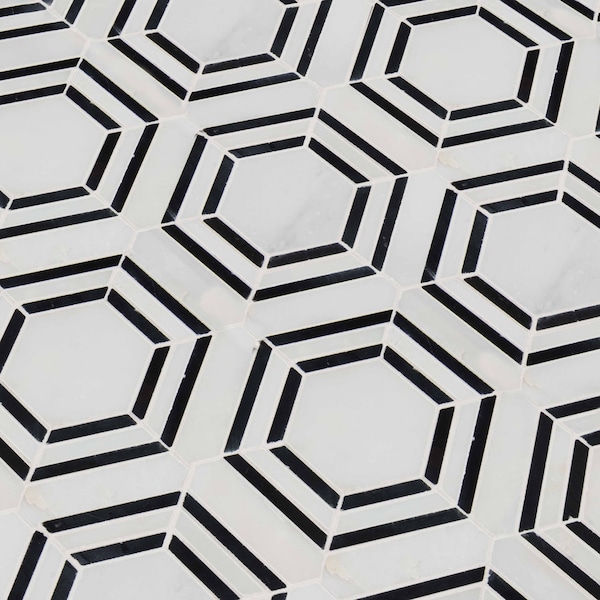 Msi Carrara Georama Nero SAMPLE Polished Marble Mesh-Mounted Mosaic Tile - ZOR-MD-0233-SAM