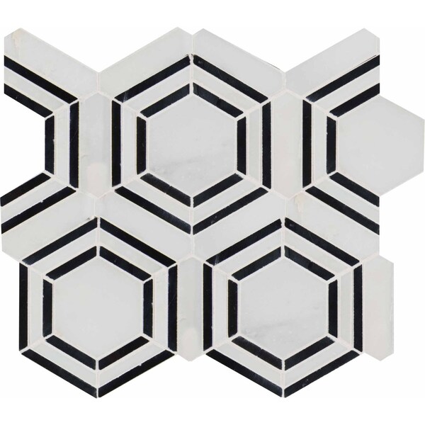 Msi Carrara Georama Nero SAMPLE Polished Marble Mesh-Mounted Mosaic Tile - ZOR-MD-0233-SAM