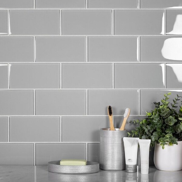 Apollo Tile 3X6 Soft Grey Glossy Subway Glass Tile 5 Sq.Ft., 40PK - APLA9909236EC102
