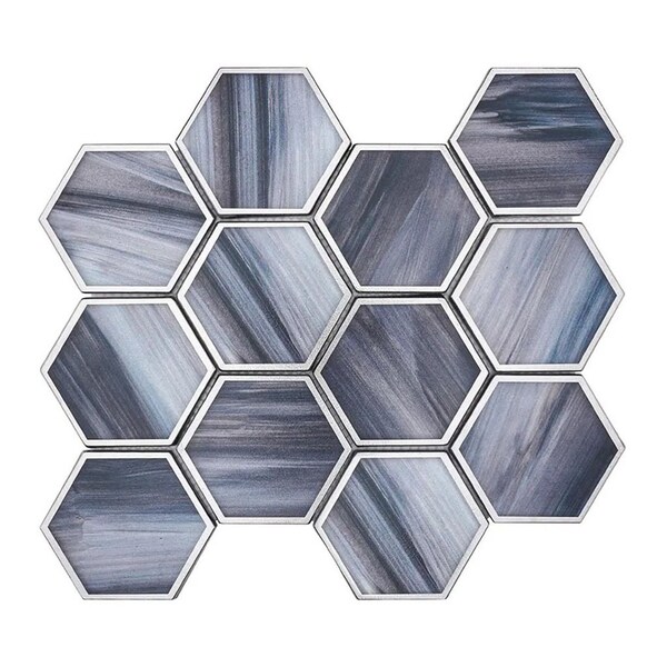 Apollo Tile 9x10 in. Matte Silver Midnight Blue Glass Mosaic Hexagon Wall and Floor Tile 3.28 sq ft/case, 5PK - APLSTR8806A