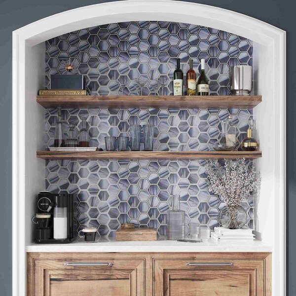 Apollo Tile 9x10 in. Matte Silver Midnight Blue Glass Mosaic Hexagon Wall and Floor Tile 3.28 sq ft/case, 5PK - APLSTR8806A