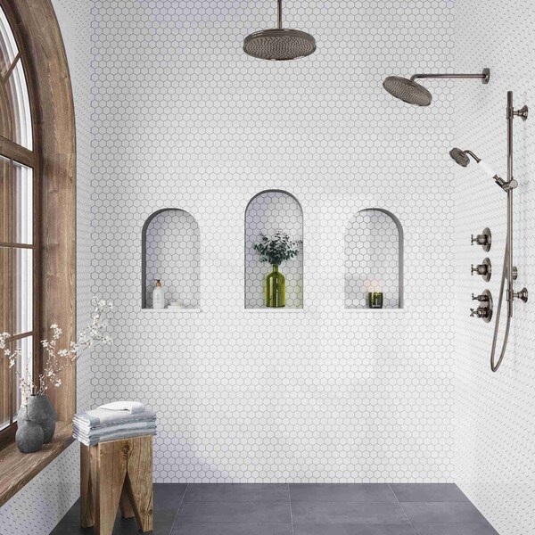 Apollo Tile 12 x 12 in. Polished Pearl White Marble Mosaic Hexagon Wall and Floor Tile 4.83 sq ft/case, 5PK - APLMKN88G52PA
