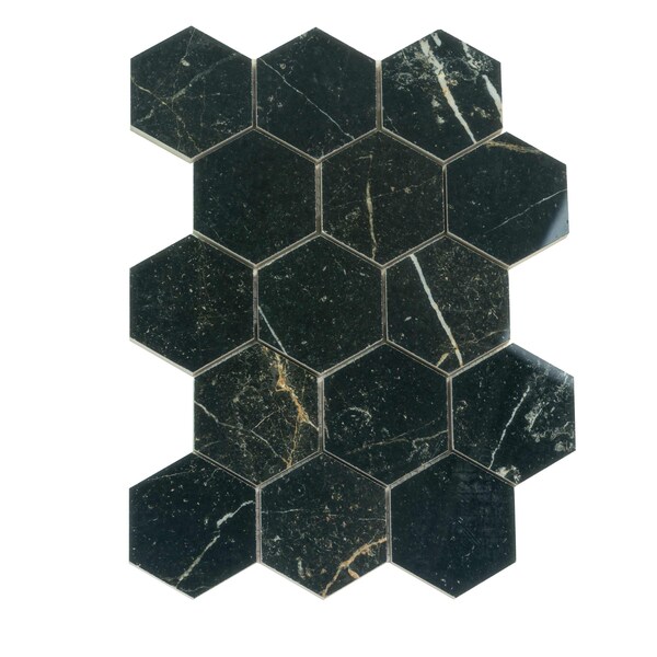 Apollo Tile Splendor 8.9in x 12.8in Polished Black Porcelain Mosaic Hexagon Wall Floor Tile 7.09 sqft/case, 9PK - IMP88GLNEHEX