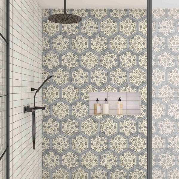 Daltile Pebble Oasis Natural Stone Framed Hexagon Pebble Mosaic 11in x 10in in Tumbled Harbor, 17PK - PB45FRMHXPBMSTM